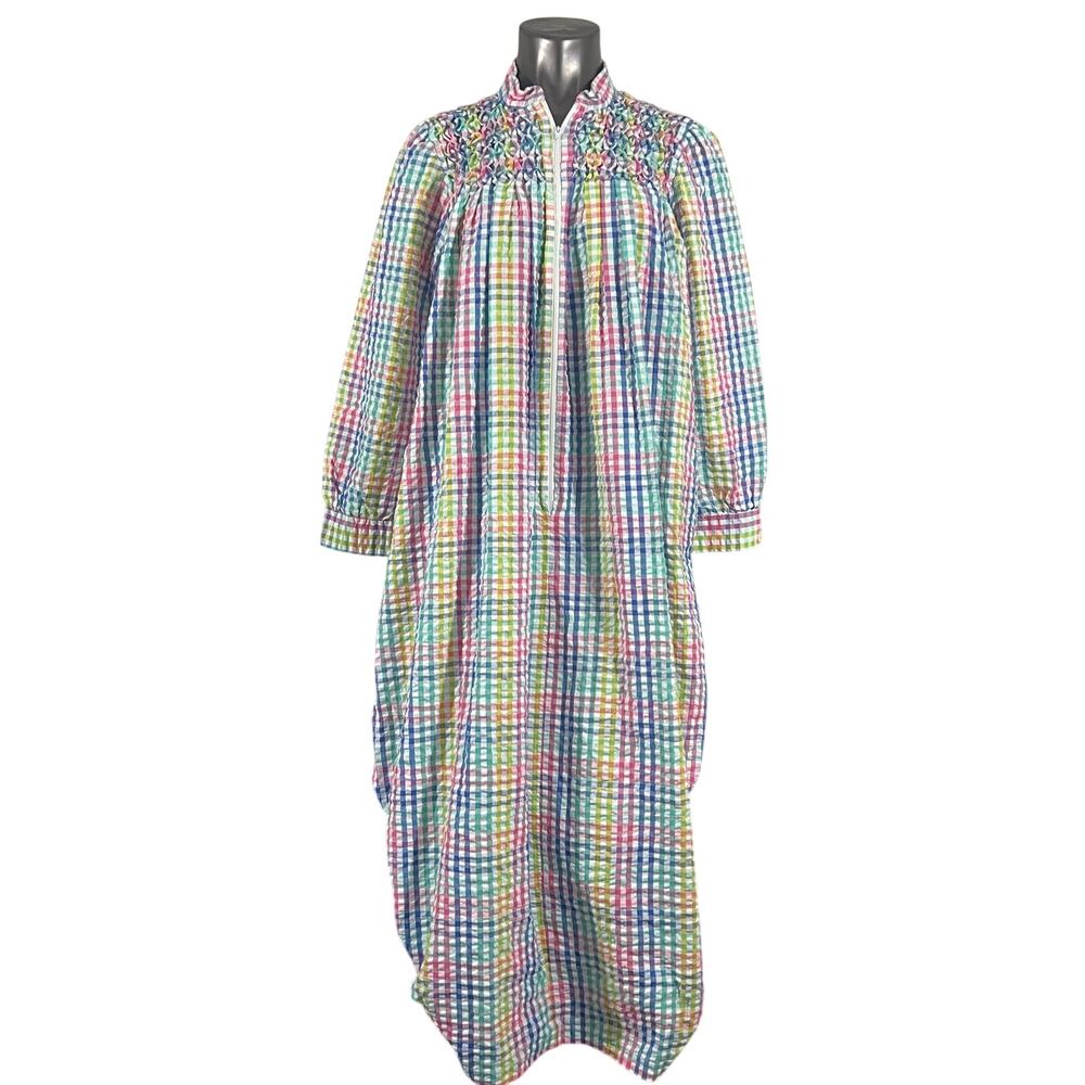 Vintage Saybury Women's Nightgown Seersucker Rainbow Plaid Zipper Long Sleeve S